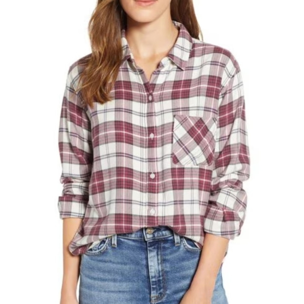 Rails Hunter Flannel Shirt Cream Raspberry Plaid Button Up‎